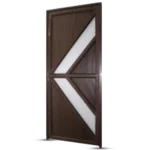 A modern brown wooden door with a geometric design featuring a white triangular panel. Its Single Aluminium Fancy Door
