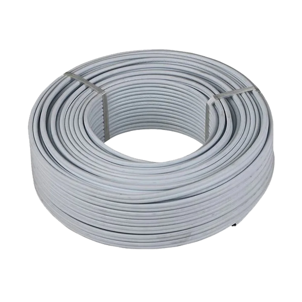 A neatly coiled roll of white wire, several layers thick, resting on a flat surface against a plain background. Its Called 2.5mm Twin & Earth Flat Sabs Cable 100m Roll