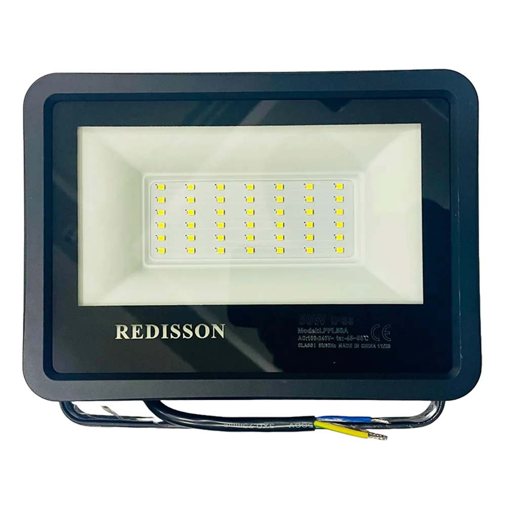 100W flood LED light with a sleek black frame, featuring multiple bright bulbs, branded "Redisson." Ideal for outdoor lighting applications.
