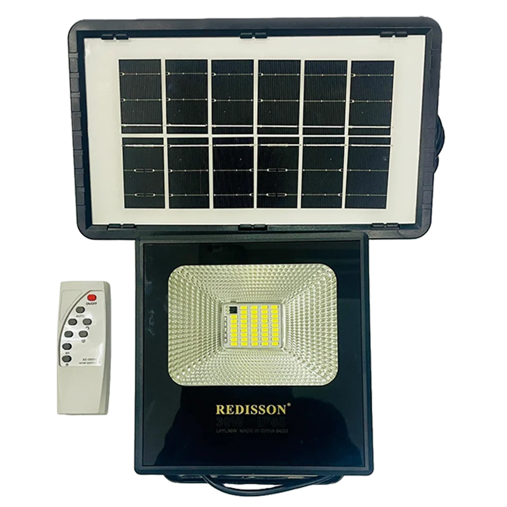A 100w solar flood LED light with a solar panel, remote control, and a sleek black design labeled "REDISSON."
