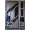 A modern door with geometric glass panels in a diagonal pattern, featuring a small window on the side. Aluminium fancy Door with SideLight