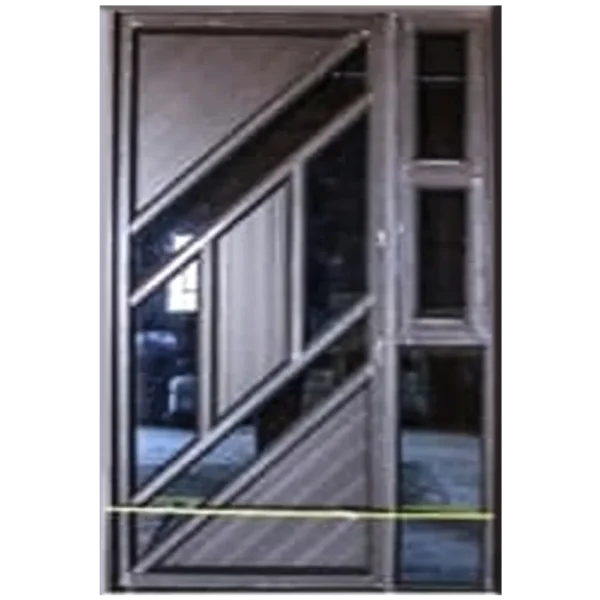 A modern door with geometric glass panels in a diagonal pattern, featuring a small window on the side. Aluminium fancy Door with SideLight