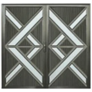 Fancy double door with a geometric design, featuring alternating dark and white shapes creating an intricate pattern. it's called Aluminium Fancy Double Door 1.8M x 2.1M.