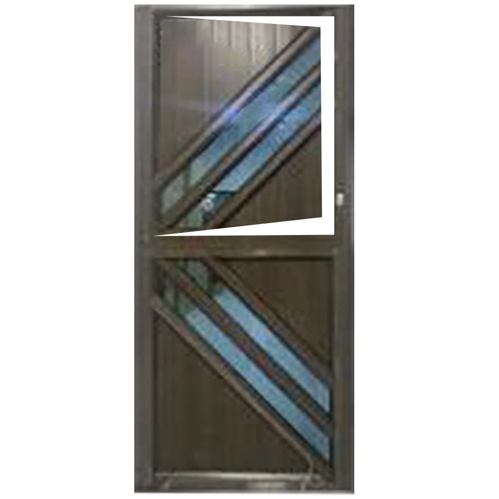 A dark brown door featuring diagonal glass panels with blue accents and a unique asymmetrical window design. Its called Aluminium Fancy Stable Single Door (MWD04A) (1887)