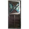 A dark-framed door with a diamond-patterned glass panel on top and solid wood planks below, set against a blue backdrop. Its Called Aluminium Fancy Stable Door (MWD07A) (1892)