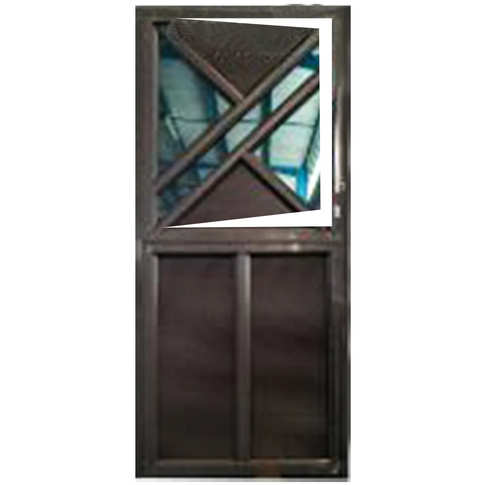 A dark-framed door with a diamond-patterned glass panel on top and solid wood planks below, set against a blue backdrop. Its Called Aluminium Fancy Stable Door (MWD07A) (1892)