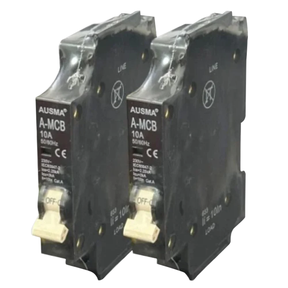 Two 10A miniature circuit breakers (MCBs) labeled "A-MCB" with a black casing and voltage rating, mounted side by side. Its Called Ausma Samite Circuit Breaker.