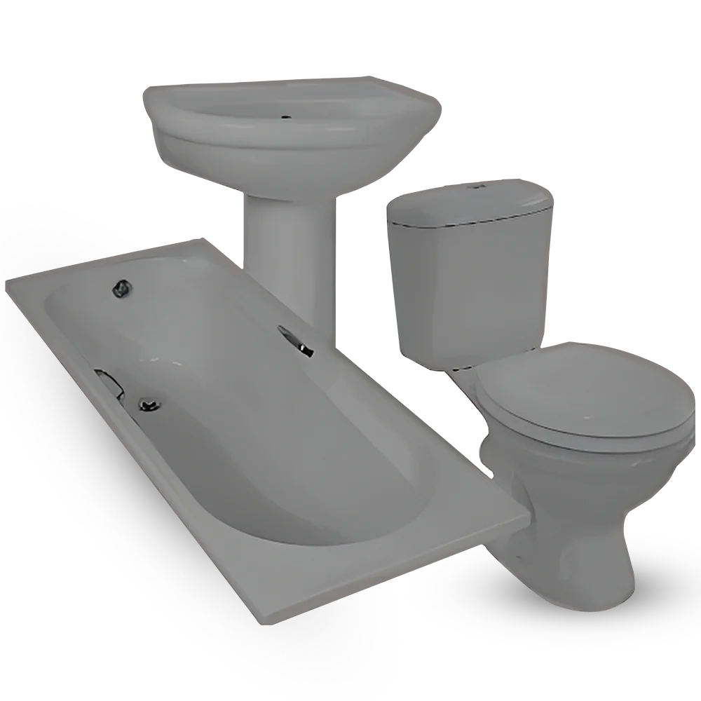 A bathroom set 7 pieces including a white bathtub, a pedestal sink, and a toilet with a closed lid. All fixtures are arranged against a black background, highlighting their clean, modern design.