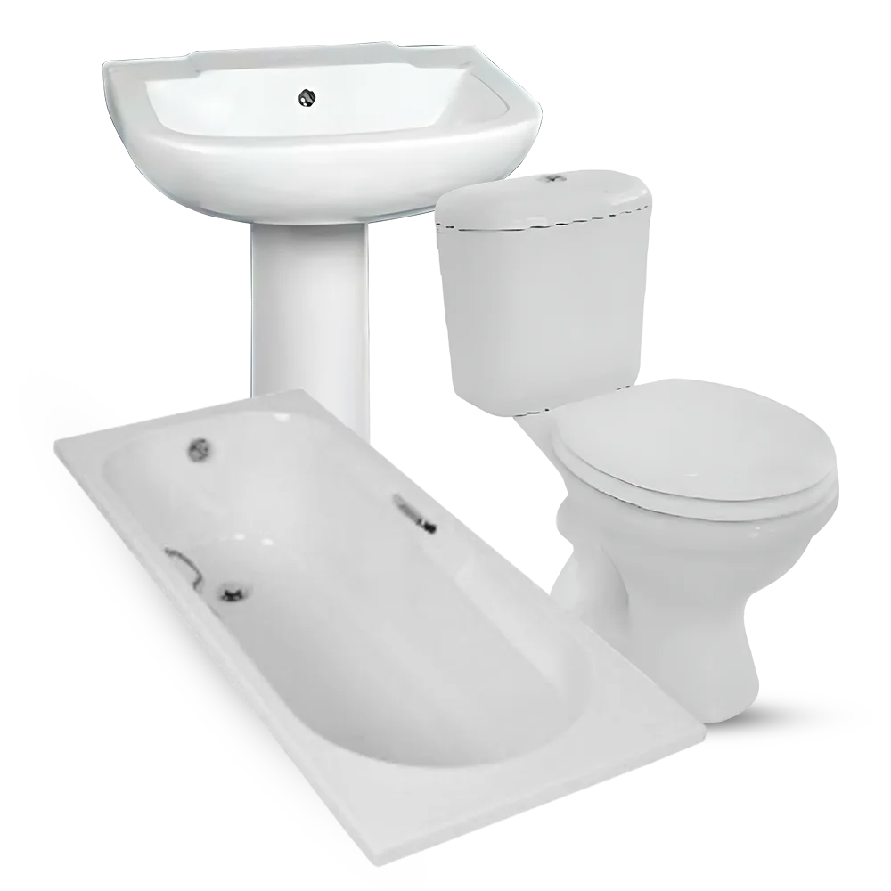 Bathroom set on a white background, including a white pedestal sink, a wall-mounted toilet, and a white bathtub.