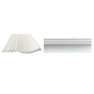 Two decorative molding pieces were displayed: one scalloped white molding and a smooth white flat molding, both suitable for interior use. Its Called EPS Plain Cornice 11mmx135mmx2m