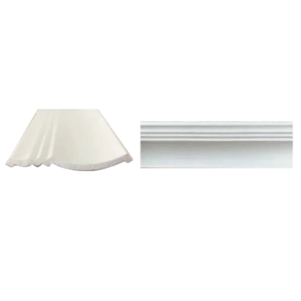 Two decorative molding pieces were displayed: one scalloped white molding and a smooth white flat molding, both suitable for interior use. Its Called EPS Plain Cornice 11mmx135mmx2m