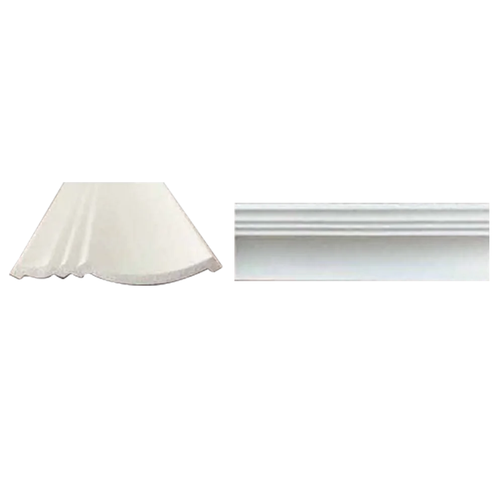 Two decorative molding pieces were displayed: one scalloped white molding and a smooth white flat molding, both suitable for interior use. Its Called EPS Plain Cornice 11mmx135mmx2m