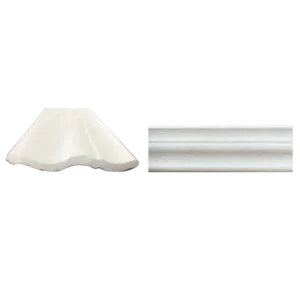 A scalloped white ceiling medallion alongside a smooth, cylindrical white rod, both on a black background. its called EPS Plain Cornice 12mmx125mmx2m