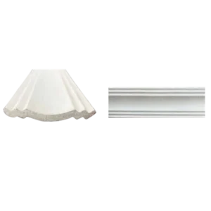 Two white decorative molding pieces: one scalloped design and one simple raised panel, displayed side by side on a black background. Its Called White EPS Plain Cornice 11mmx122mmx2m