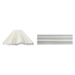 Two white fabric samples: one is a ruffled flare skirt design, and the other is a smooth, straight-edged panel. Its EPS Plain Cornice 12mmx140mmx2m
