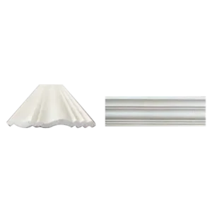Two white fabric samples: one is a ruffled flare skirt design, and the other is a smooth, straight-edged panel. Its EPS Plain Cornice 12mmx140mmx2m