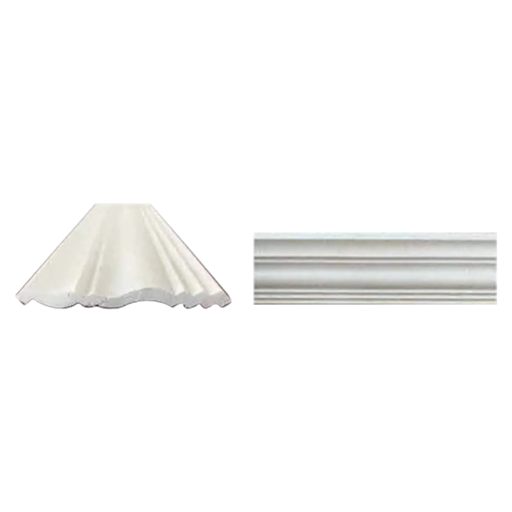 Two white fabric samples: one is a ruffled flare skirt design, and the other is a smooth, straight-edged panel. Its EPS Plain Cornice 12mmx140mmx2m