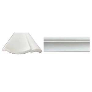 Two white crown moldings: one with a curved profile and the other with a flat edge, showcasing their different designs. Its Called EPS Plain Cornice 11mmx125mmx2m