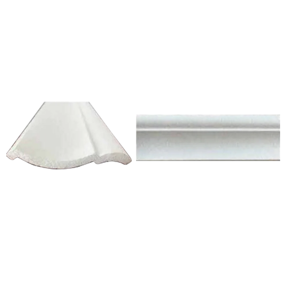 Two white crown moldings: one with a curved profile and the other with a flat edge, showcasing their different designs. Its Called EPS Plain Cornice 11mmx125mmx2m