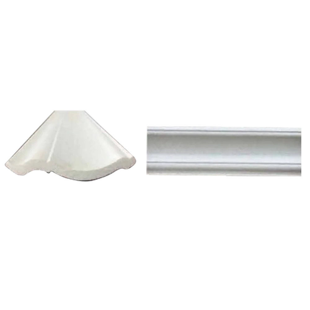 A white, triangular light fixture cover sits beside a flat, rectangular light fixture housing, both designed for ceiling installation. Its Called EPS Plain Cornice 5mmx140mmx2m