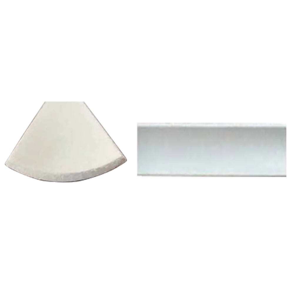 Two geometric shapes: a rounded triangular piece on the left and a rectangular piece on the right, both in light colors. Its Called EPS Plain Cornice 11mmx85mmx2m