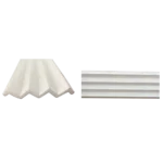 Two white architectural moldings side by side: one with a scalloped design and the other featuring parallel grooves. Its Called EPS Plain Cornice 6mmx140mmx2m