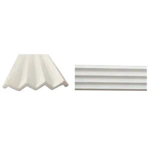 Two white architectural moldings side by side: one with a scalloped design and the other featuring parallel grooves. Its Called EPS Plain Cornice 6mmx140mmx2m