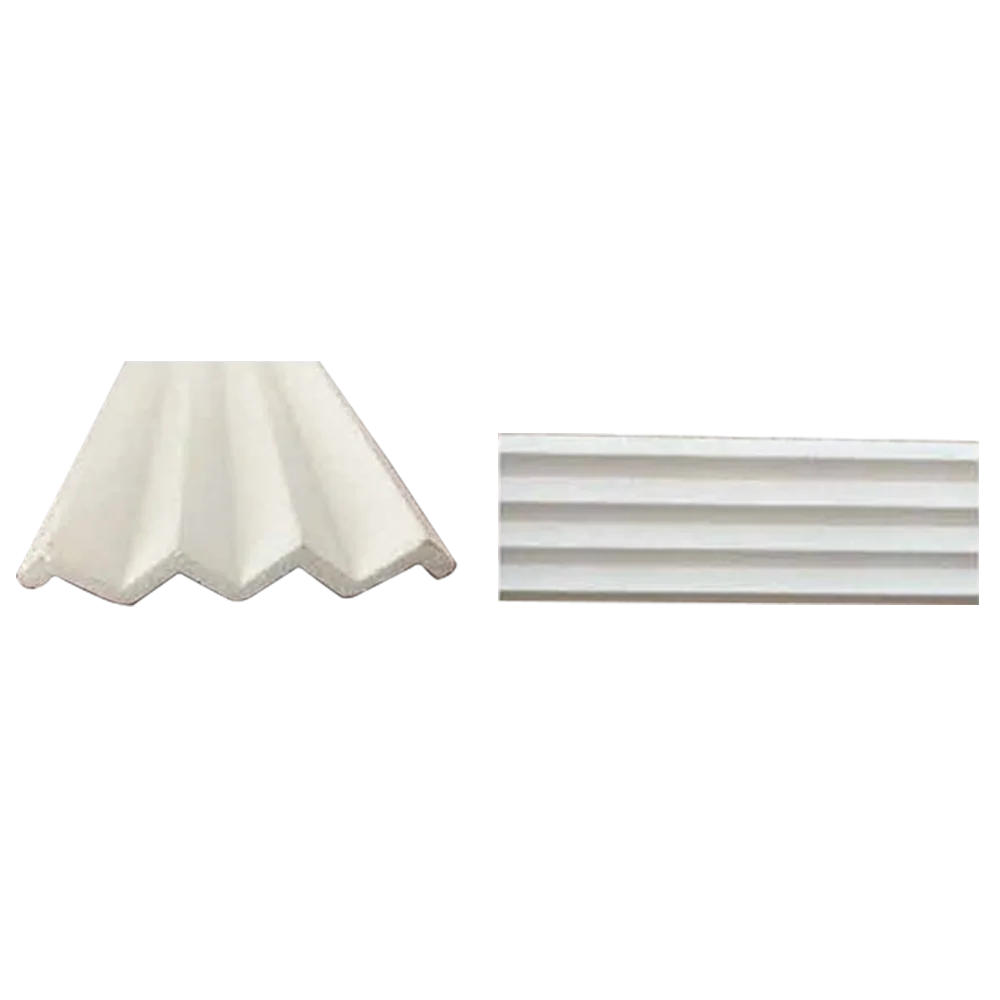 Two white architectural moldings side by side: one with a scalloped design and the other featuring parallel grooves. Its Called EPS Plain Cornice 6mmx140mmx2m
