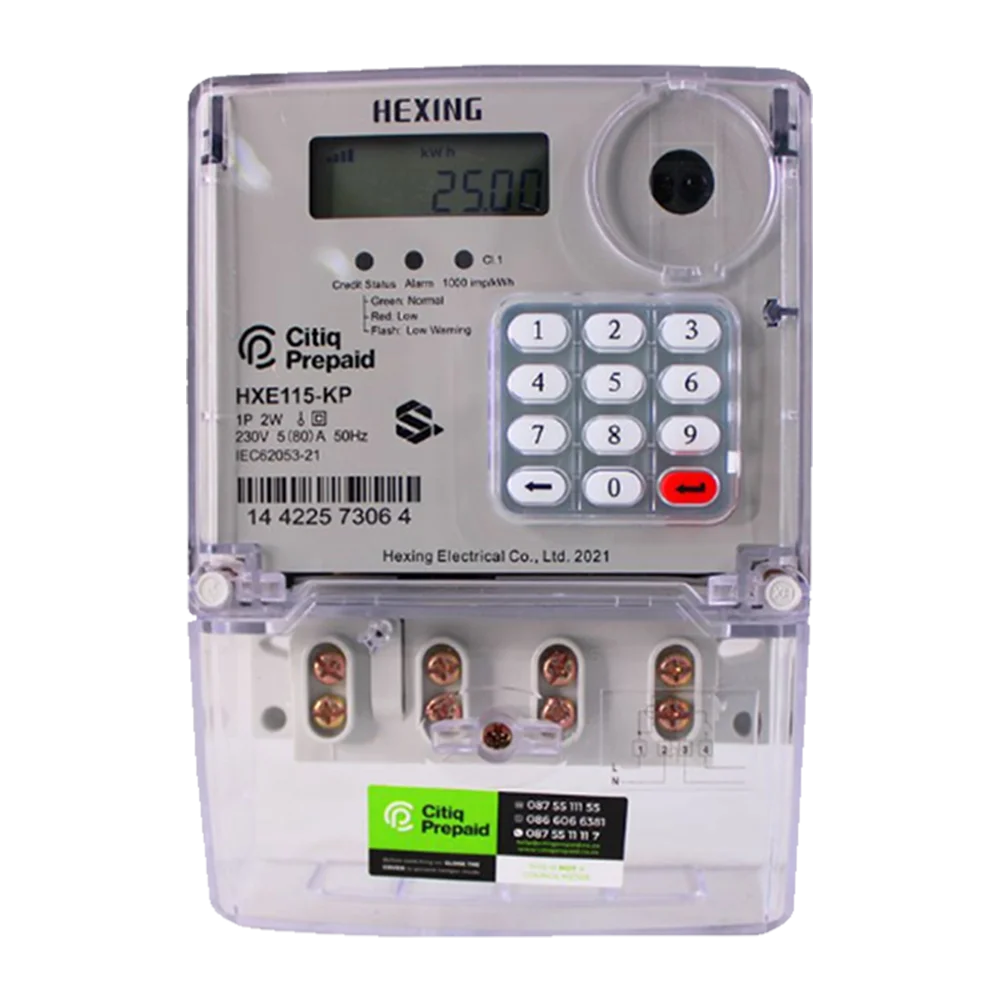A digital electricity meter with a clear casing displaying 25.00 on an LCD. It features a numeric keypad with a red enter button. Labels indicate Citiq Prepaid and Hexing Electrical Co. Ltd. 2021. Its Called Citiq Hexing Prepaid-Meter