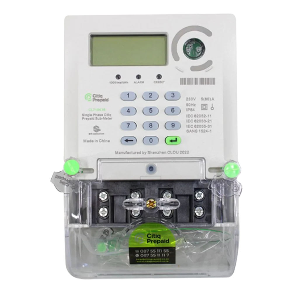 A digital utility meter featuring a numeric keypad, a display screen, and various labels. It has buttons numbered 0-9 and several indicators, housed in a clear plastic casing. Its Called Citiq Hexing Prepaid Sub-Meter