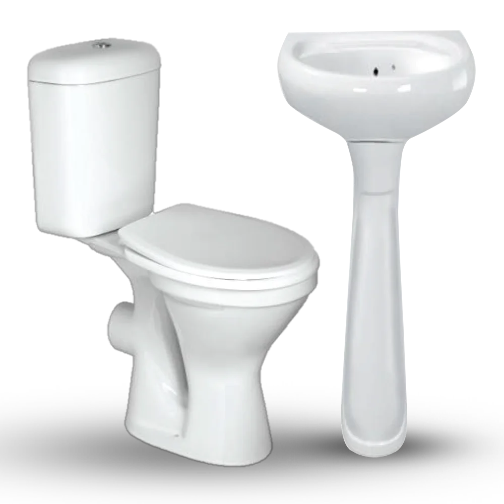 A modern white toilet and a pedestal sink, showcasing sleek and contemporary bathroom fixtures. Its called Close Couple And Basin Set 6 Pieces