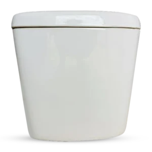 A sleek, modern white toilet with a minimalist design, featuring a smooth surface and a closed lid. Its Called Close Couple Cistern + Mechanism 2 Pieces