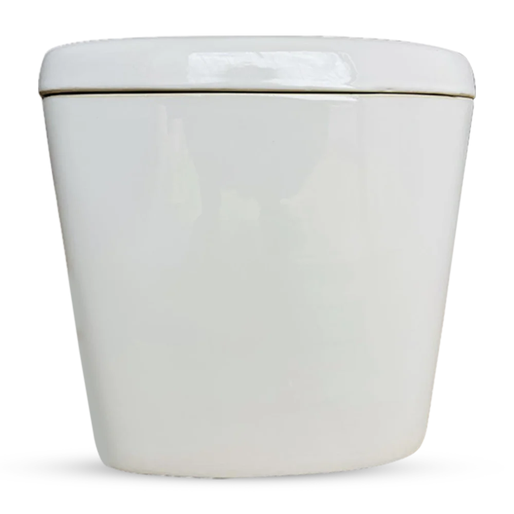 A sleek, modern white toilet with a minimalist design, featuring a smooth surface and a closed lid. Its Called Close Couple Cistern + Mechanism 2 Pieces