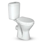 A modern white toilet with a rounded bowl and a high tank, positioned against a plain black background. Its Called Close Couple Toilet Set 4 Pieces