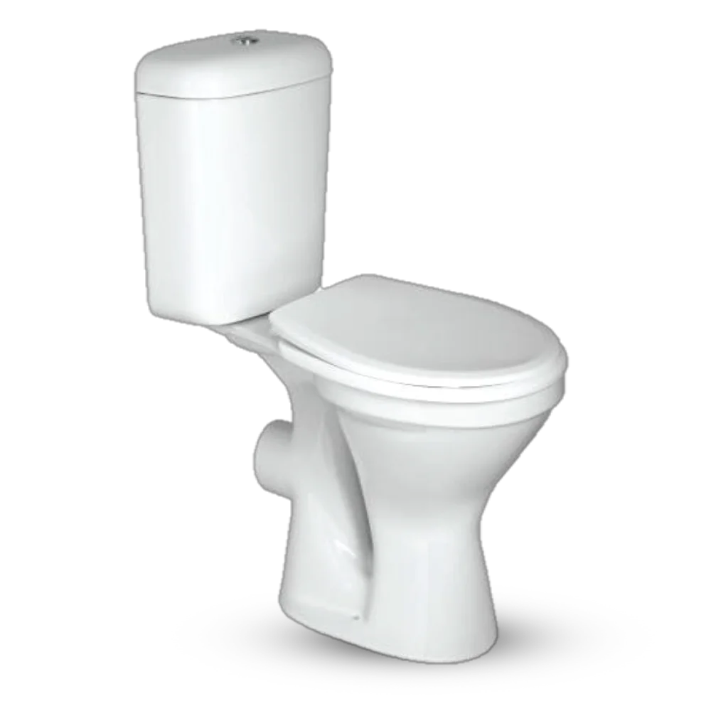 A modern white toilet with a rounded bowl and a high tank, positioned against a plain black background. Its Called Close Couple Toilet Set 4 Pieces