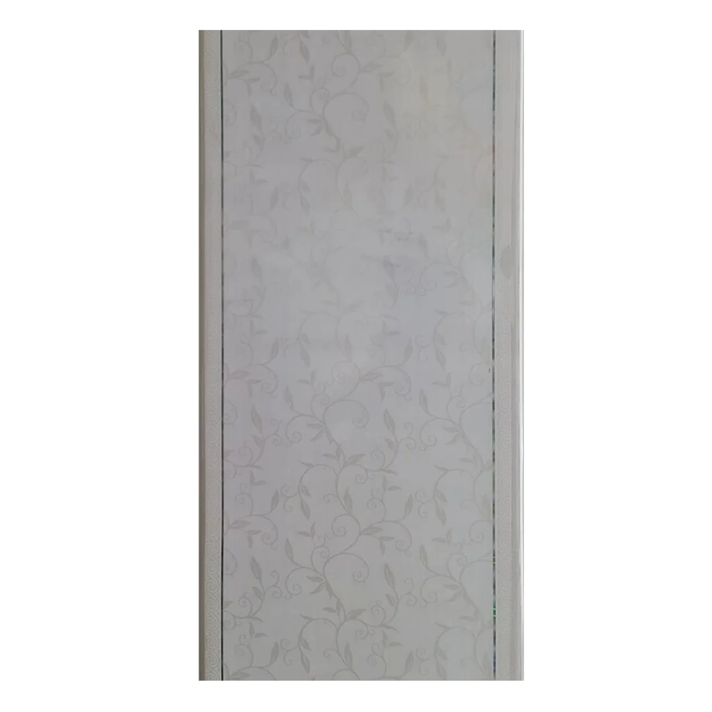 Light gray vertical panel with a subtle floral pattern and thin borders on either side. Perfect for modern decor. Its Called light grey PVC Ceiling Panel