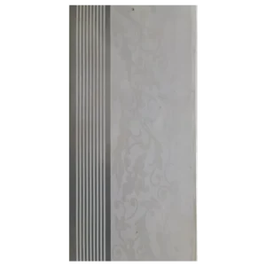 A vertical light gray panel featuring a smooth surface with decorative patterns and vertical grooves on one side. Its Called Light Grey PVC Ceiling