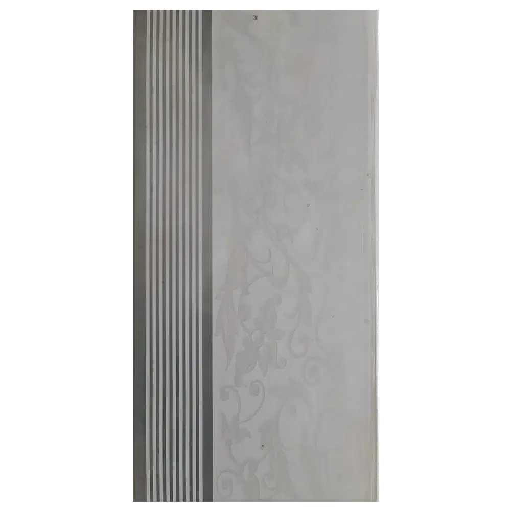 A vertical light gray panel featuring a smooth surface with decorative patterns and vertical grooves on one side. Its Called Light Grey PVC Ceiling