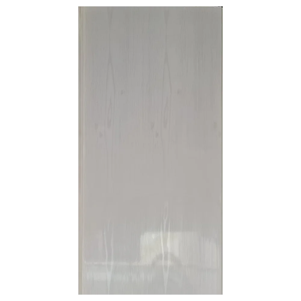 Close-up of a glossy, light-colored wooden panel featuring subtle grain patterns and a smooth surface. Its Called Light PVC Ceiling Panel