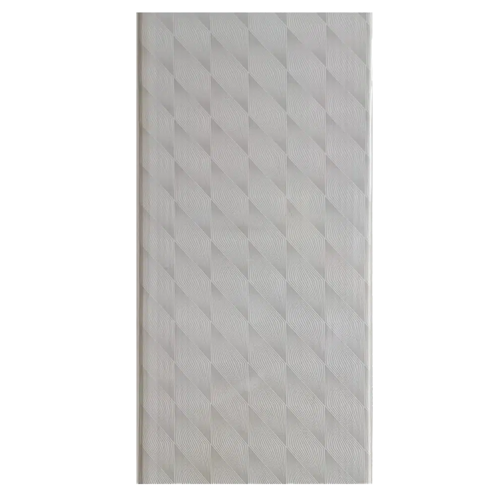 Light gray textured panel with a diagonal diamond pattern, creating a modern and sleek design. Its Called PVC Ceiling Panel - 6mm x 300mm x 3.9m