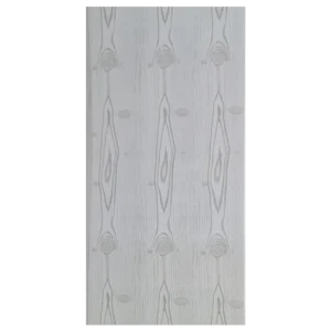 Light gray wood paneling with a textured, wavy grain pattern, featuring subtle dark striations and circular knots. Its Called Bright Grey Wood PVC Ceiling Panel