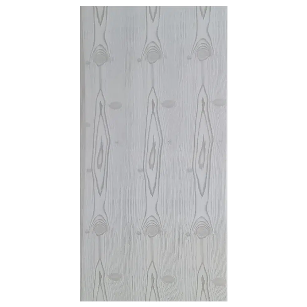 Light gray wood paneling with a textured, wavy grain pattern, featuring subtle dark striations and circular knots. Its Called Bright Grey Wood PVC Ceiling Panel