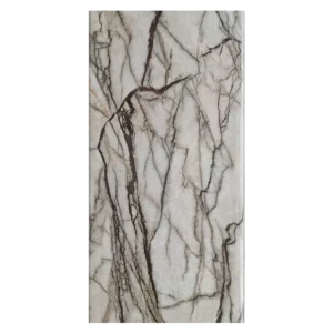 Close-up of a polished white marble slab featuring intricate grey and brown veining, showcasing its natural elegance. PVC Ceiling Panel (16073)
