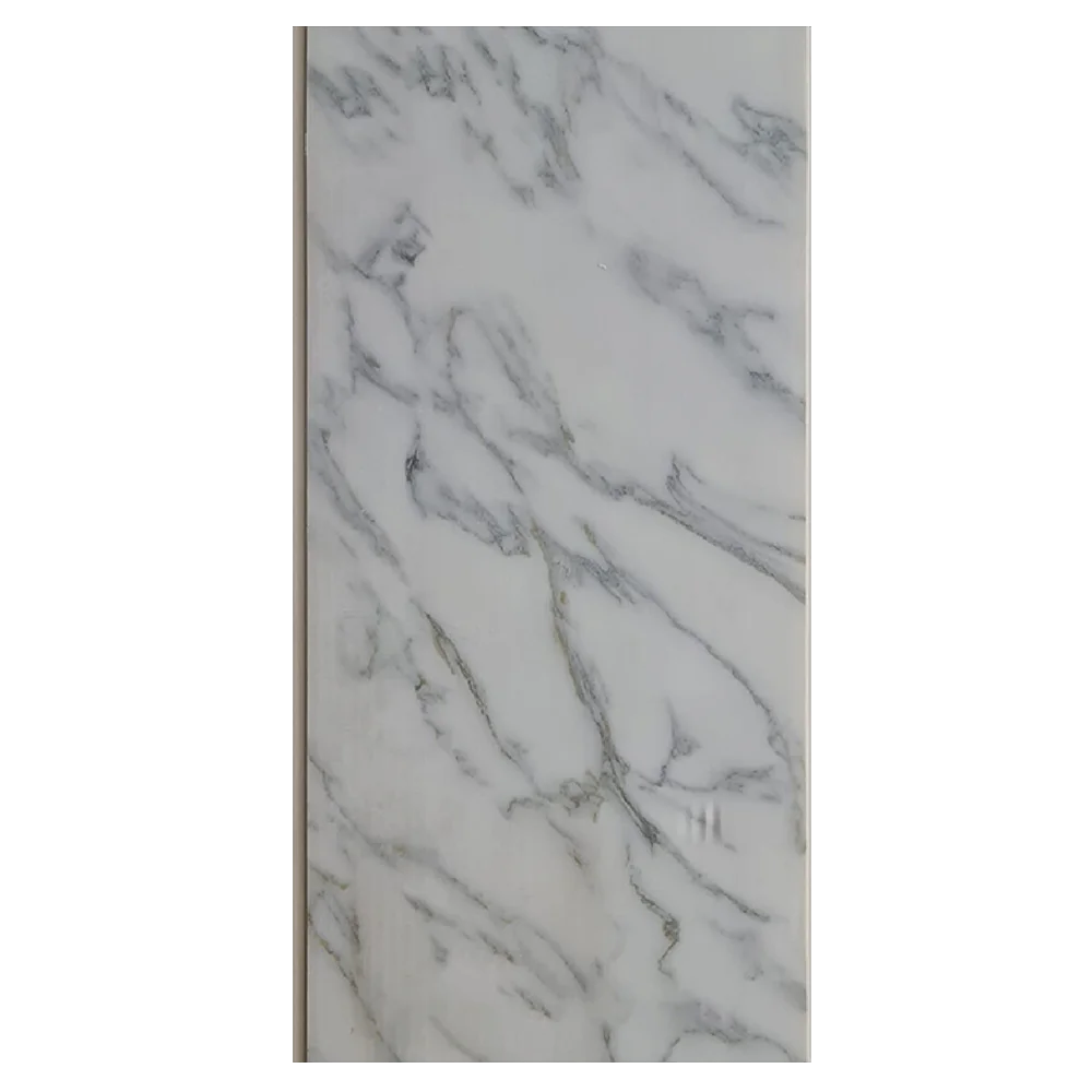 A polished white marble surface with subtle gray veining, showcasing elegant natural patterns and a smooth finish. Its Called White & grey veining PVC Ceiling