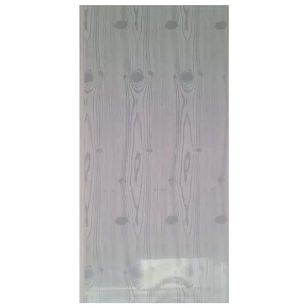 Light gray sheer curtain with a subtle wood grain pattern and circular motifs, creating a soft and natural ambiance. Its Grey PVC Ceiling Panel
