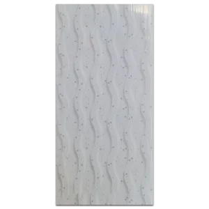 Textured white panel featuring wavy patterns and subtle flecks, resembling rippling water or soft fabric. Its White PVC Ceiling with wavy patterns