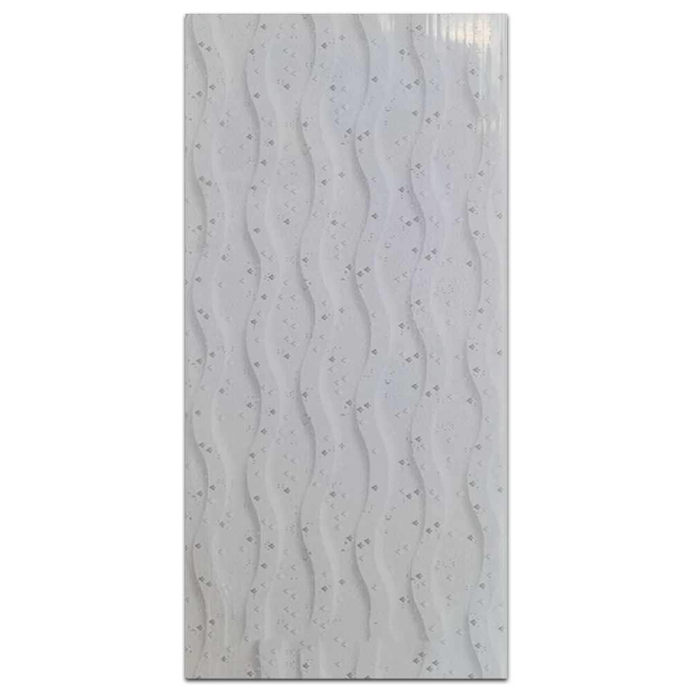 Textured white panel featuring wavy patterns and subtle flecks, resembling rippling water or soft fabric. Its White PVC Ceiling with wavy patterns