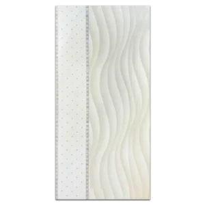 A textured wavy design in soft white, paired with a dotted pattern on the left side, creating a visually striking contrast. Its Soft White PVC Ceiling Panel