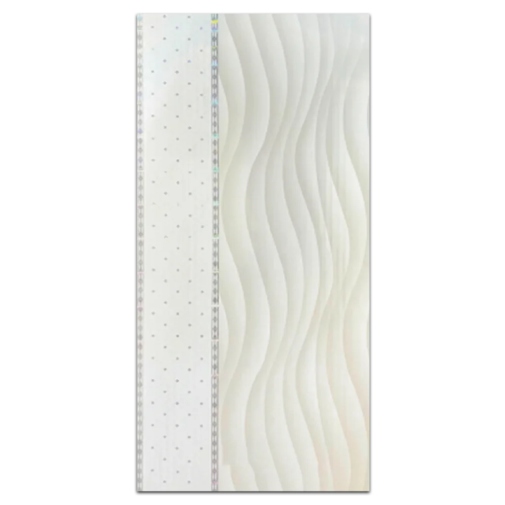 A textured wavy design in soft white, paired with a dotted pattern on the left side, creating a visually striking contrast. Its Soft White PVC Ceiling Panel
