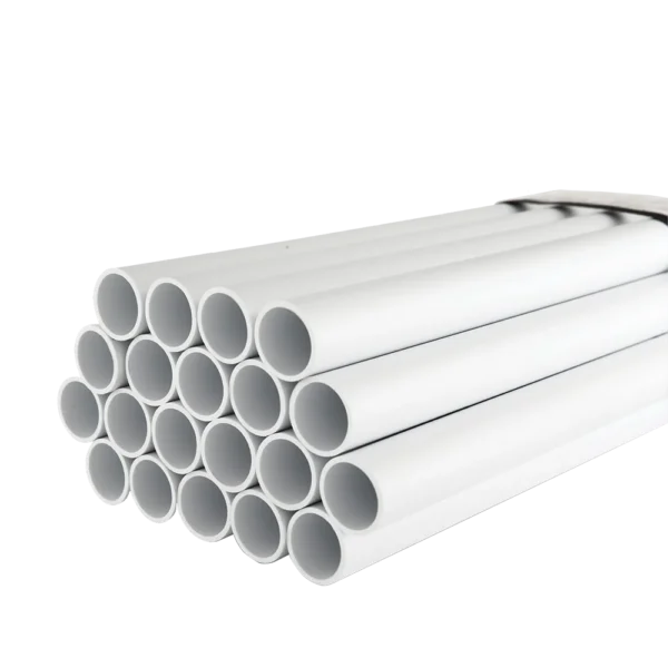 A stack of white PVC pipes arranged in neat rows, showcasing their round openings and smooth surfaces. Its Called Conduit Pipe 20mm x 4m Econo